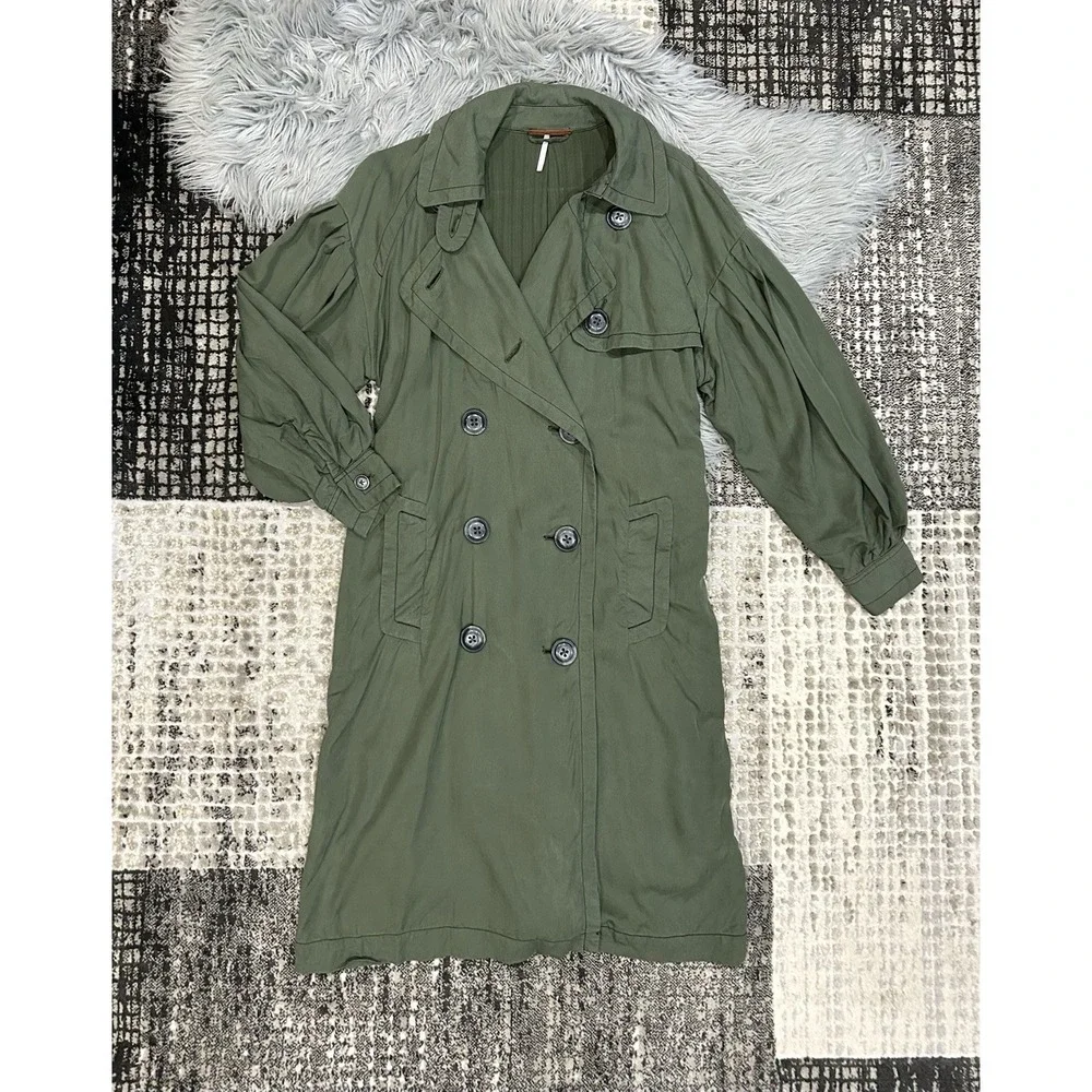 Free People Trench Coat Balloon Sleeve Double Breasted Belted Army Green Size S*